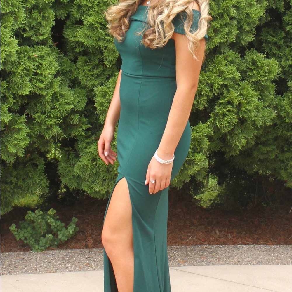 off the shoulder emerald dress
